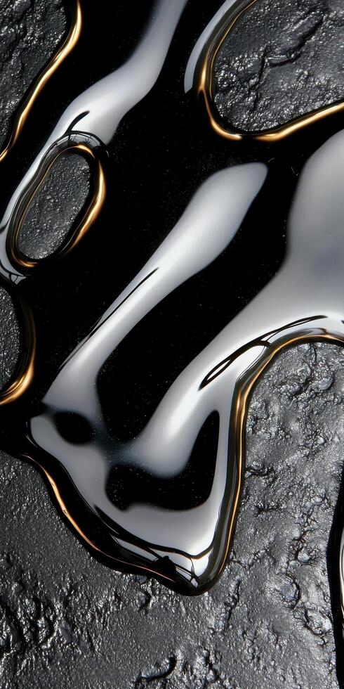 Abstract black liquid with gold accents on a textured surface photo