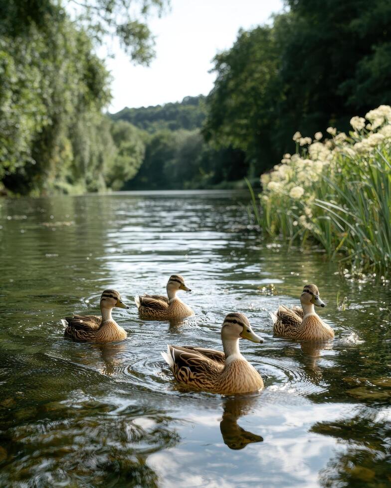 Ducks swimming in a river on a sunny day photo