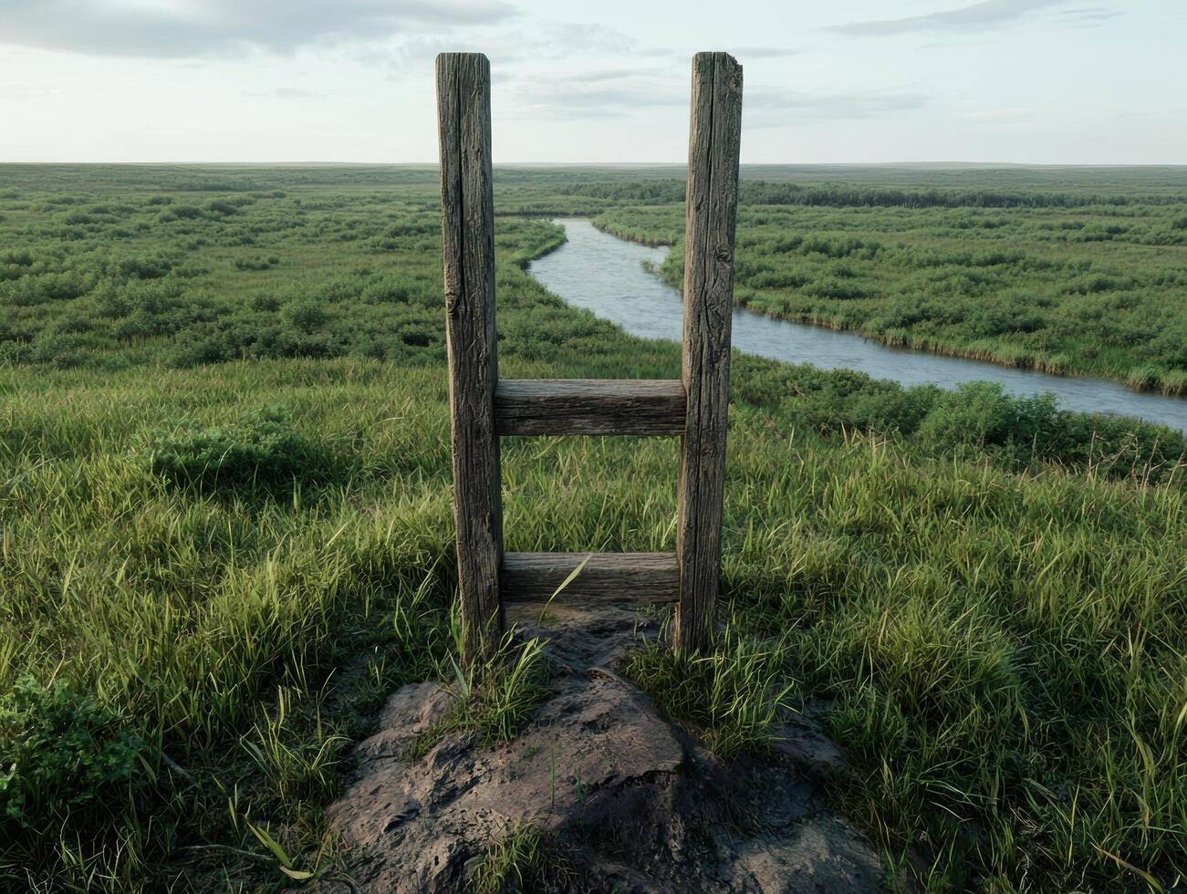 A rustic wooden ladder stands on a grassy hill overlooking a river photo