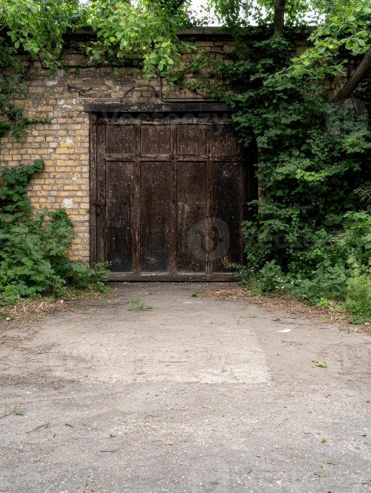 Old wooden door in a brick wall covered with greenery photo