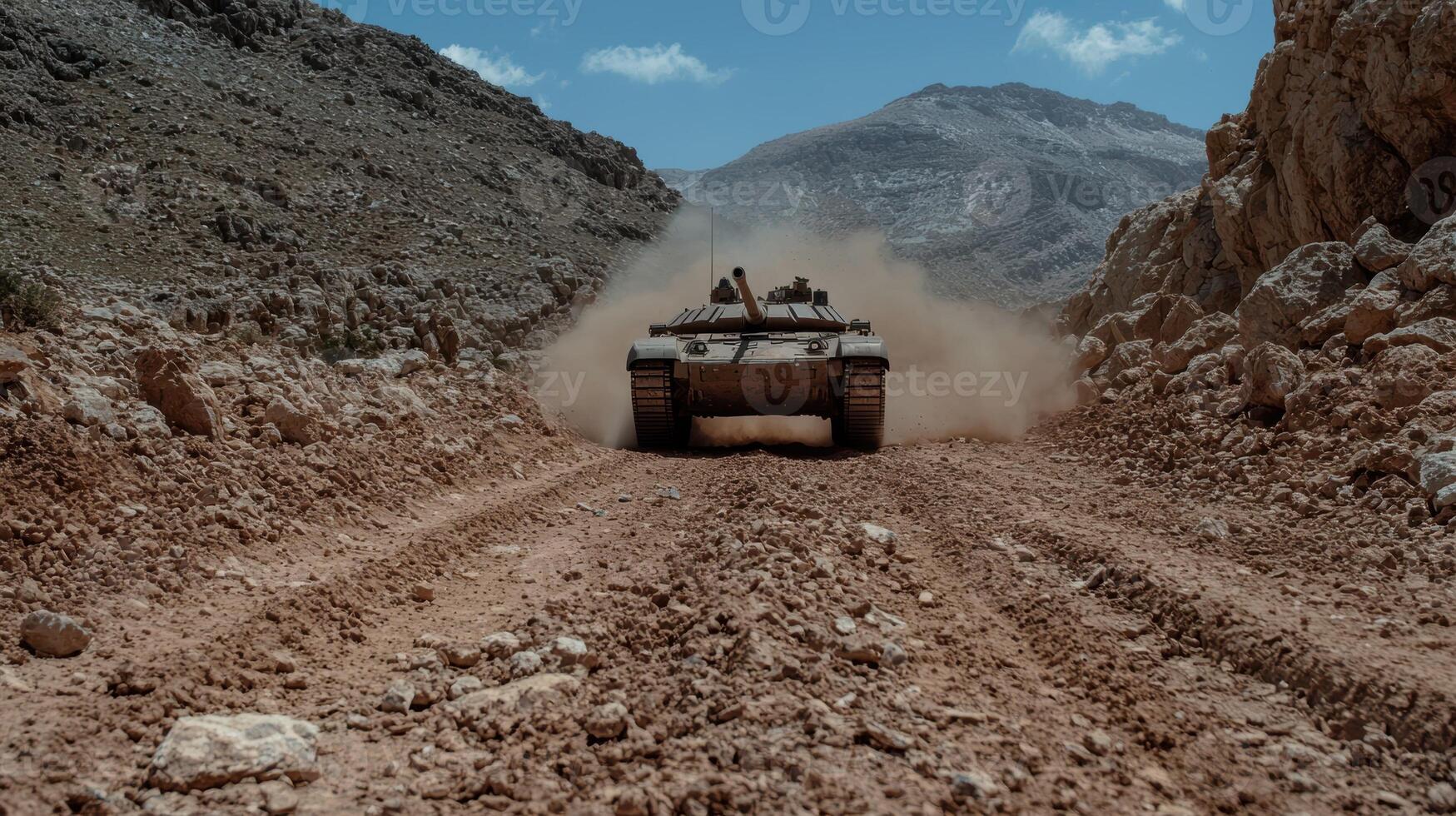 Tank driving through a desert landscape photo