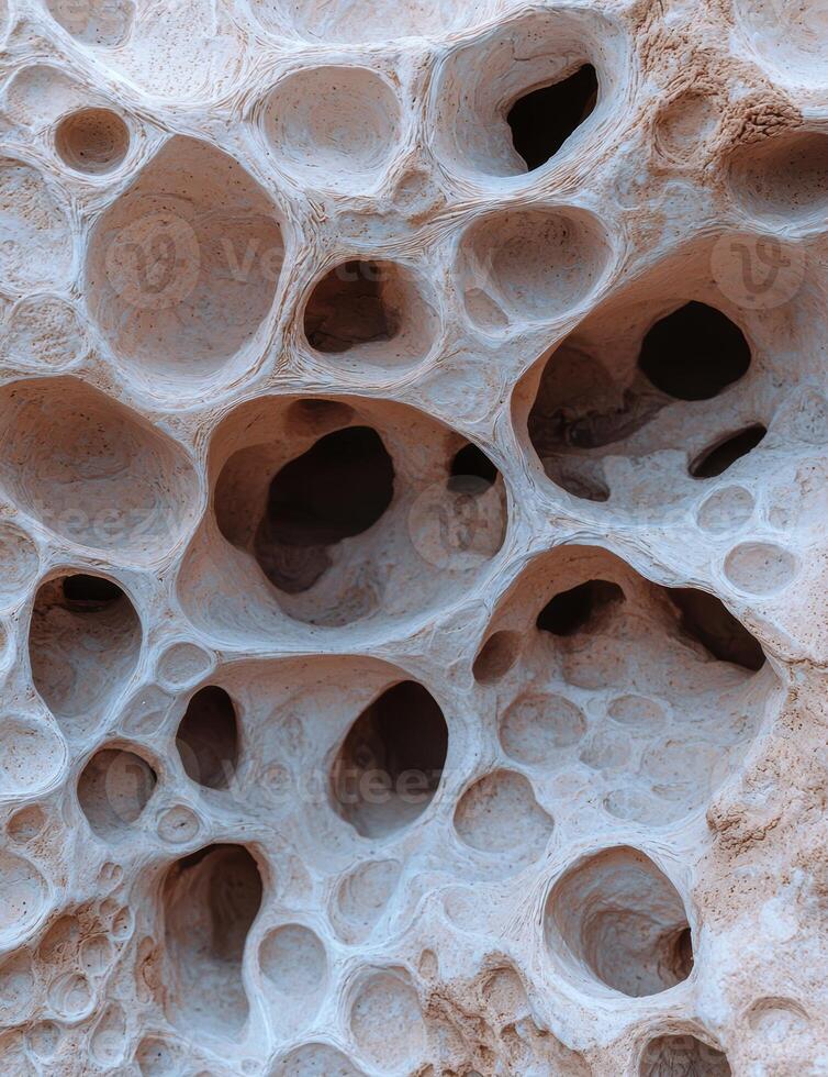 Porous rock formation with many holes and intricate patterns photo