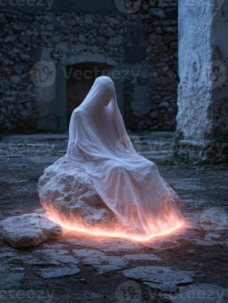 Mysterious figure draped in white sitting on a glowing rock in a stone courtyard photo