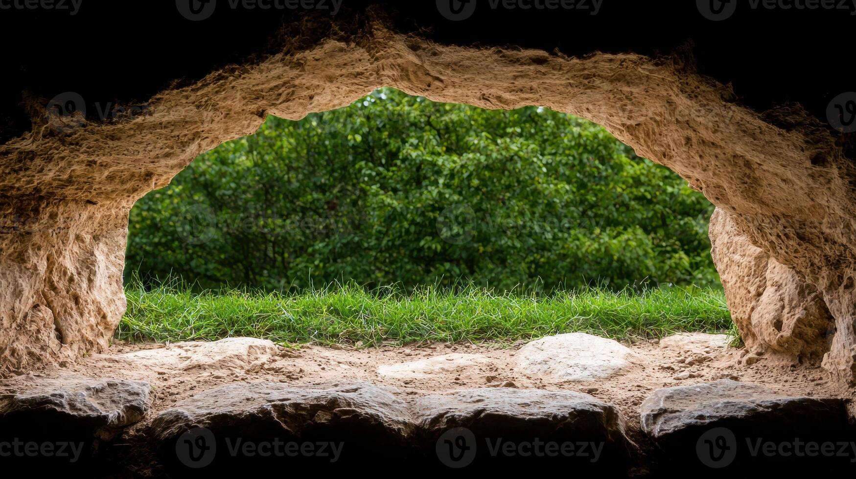 View from inside a cave looking out at greenery photo