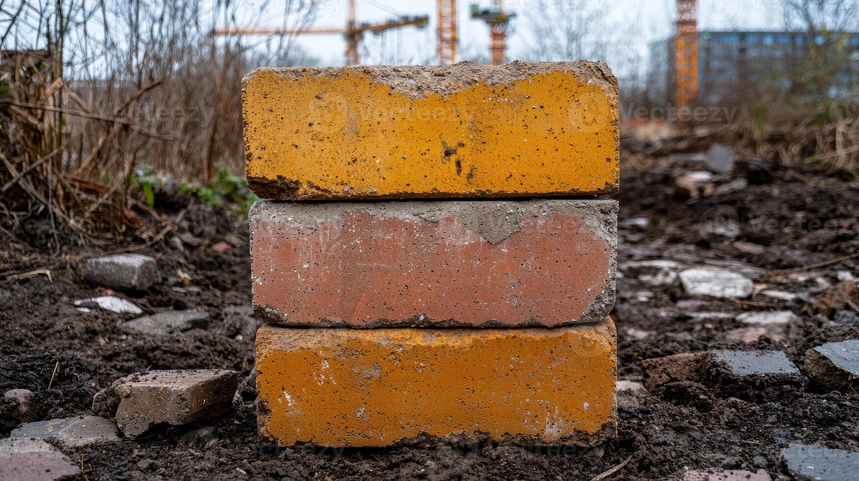 Stack of old bricks in a construction site photo