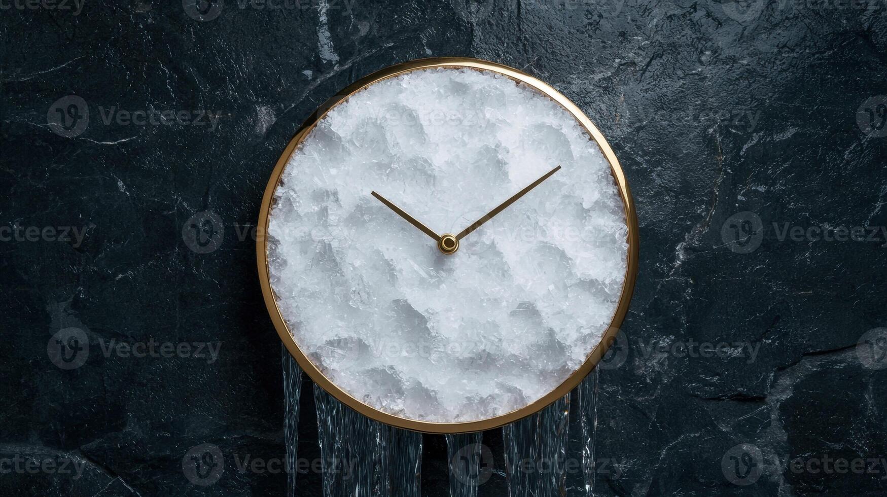 A modern clock with ice inside a gold frame on a dark stone background photo