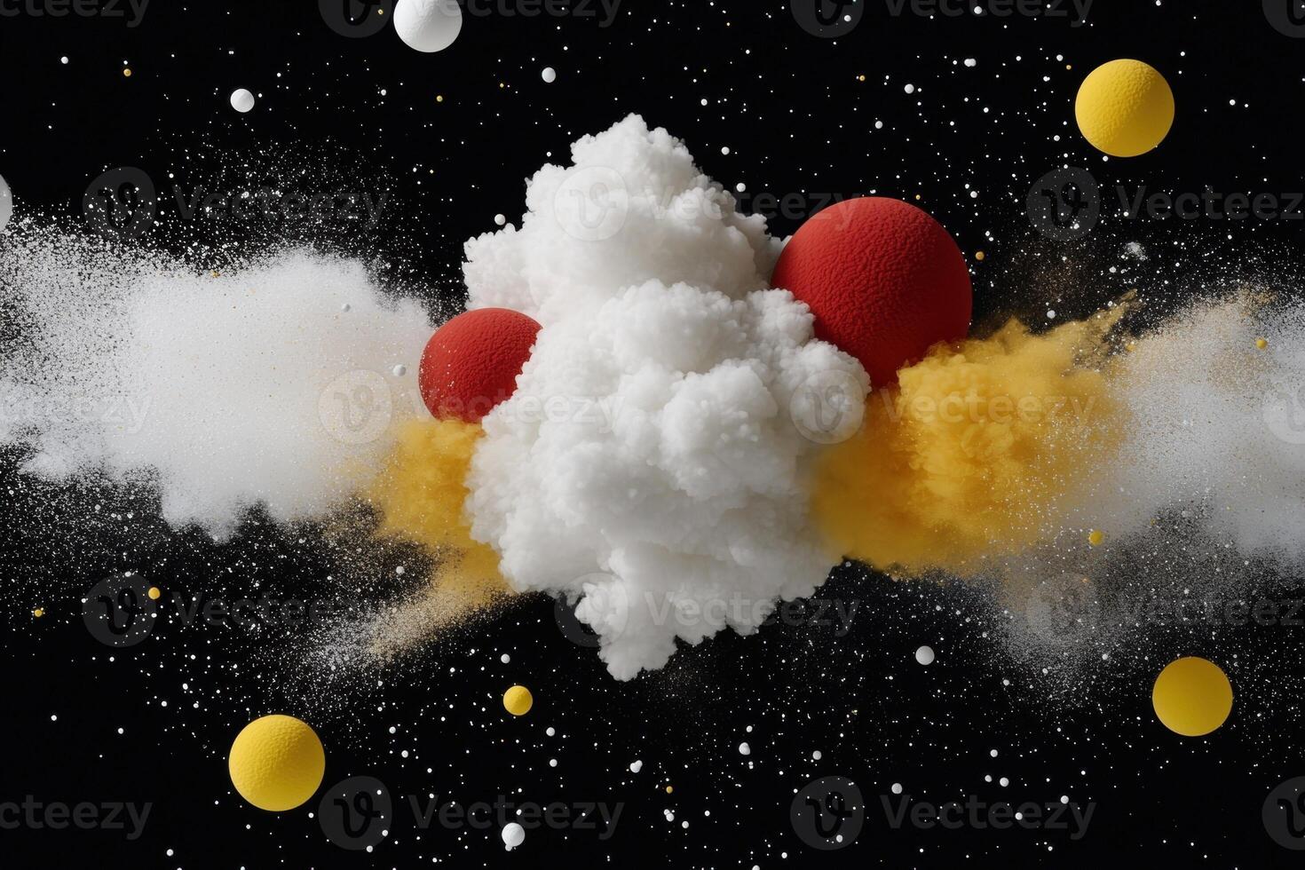 Abstract explosion of colorful spheres and powder against a black background photo