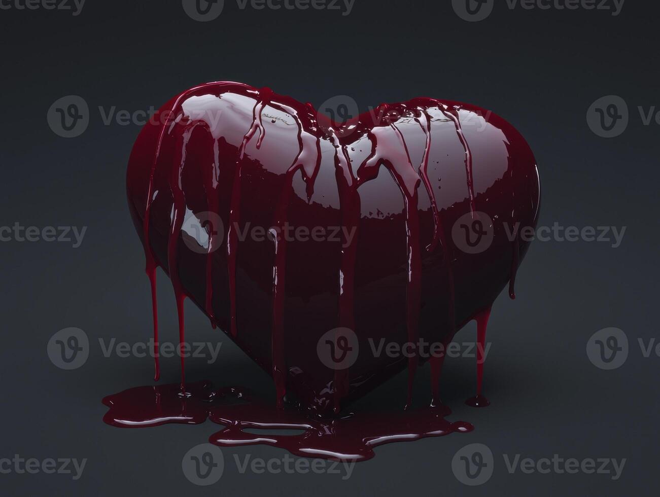 A heart shape covered in dripping red liquid on a dark background photo