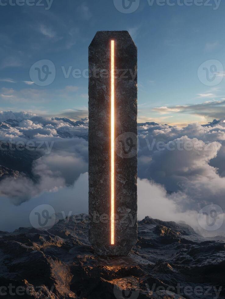 Monolith standing on a rocky mountain peak with clouds in the background photo