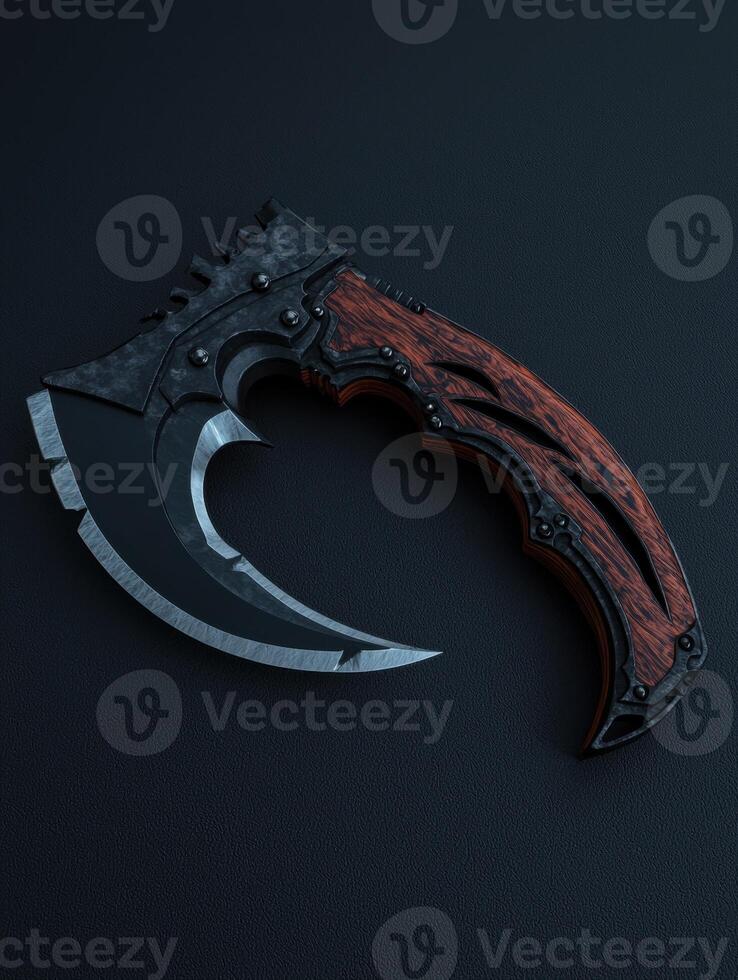 A curved knife with a wooden handle on a black background photo