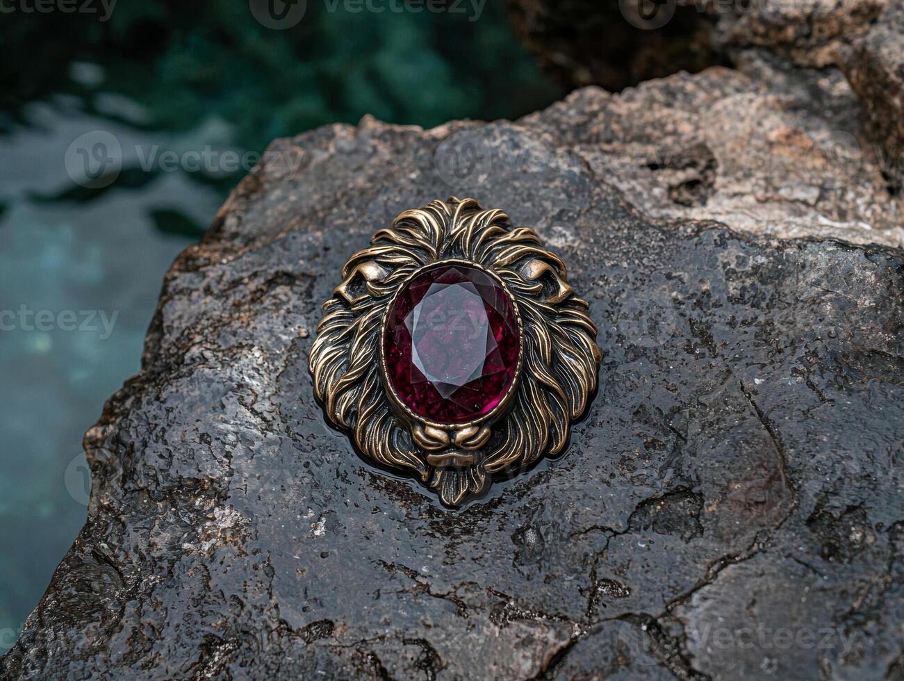 A vintage lion brooch with a red gemstone on a rock photo