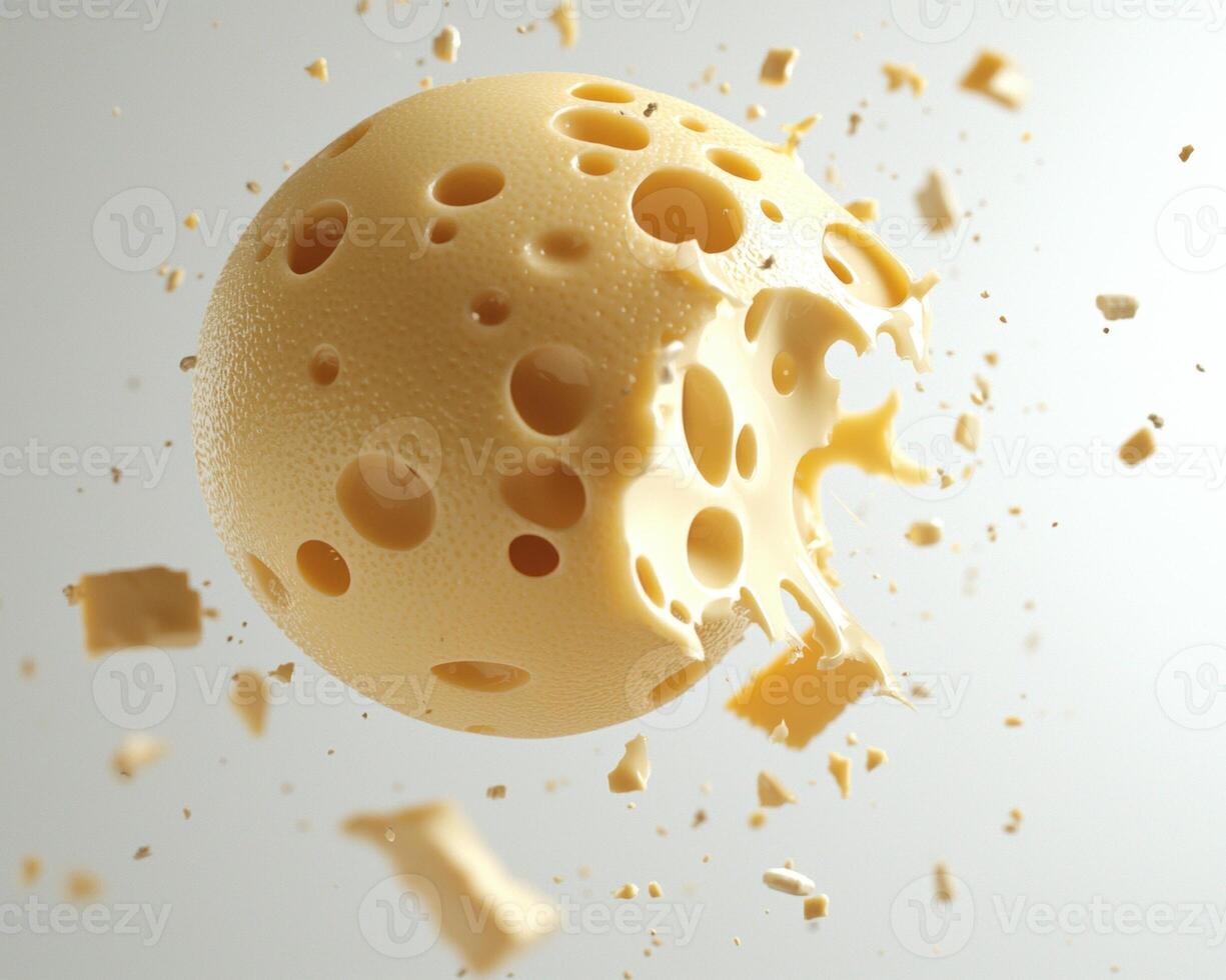 Swiss cheese sphere with holes and crumbs floating in the air photo