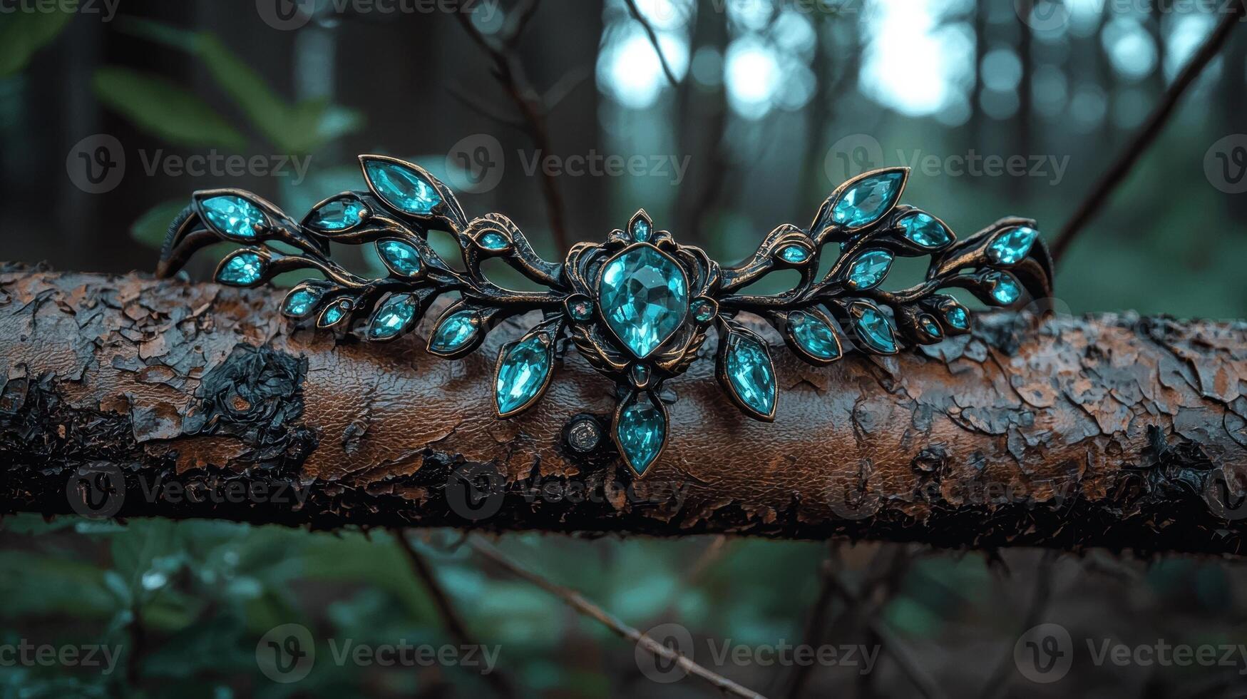 A beautiful crown with blue gems rests on a tree branch photo
