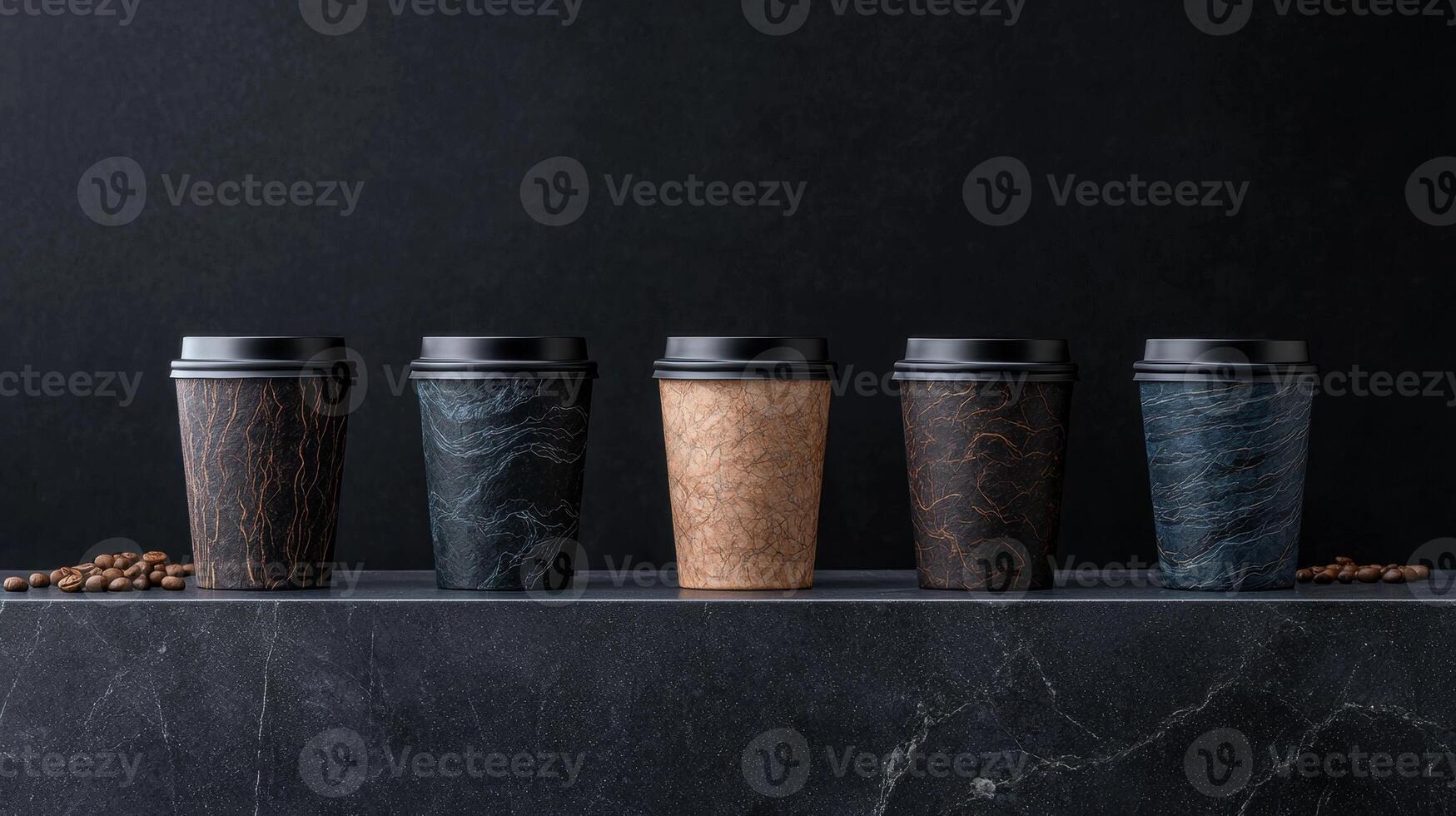 Five coffee cups with black lids and textured paper sleeves, arranged on a dark marble surface photo