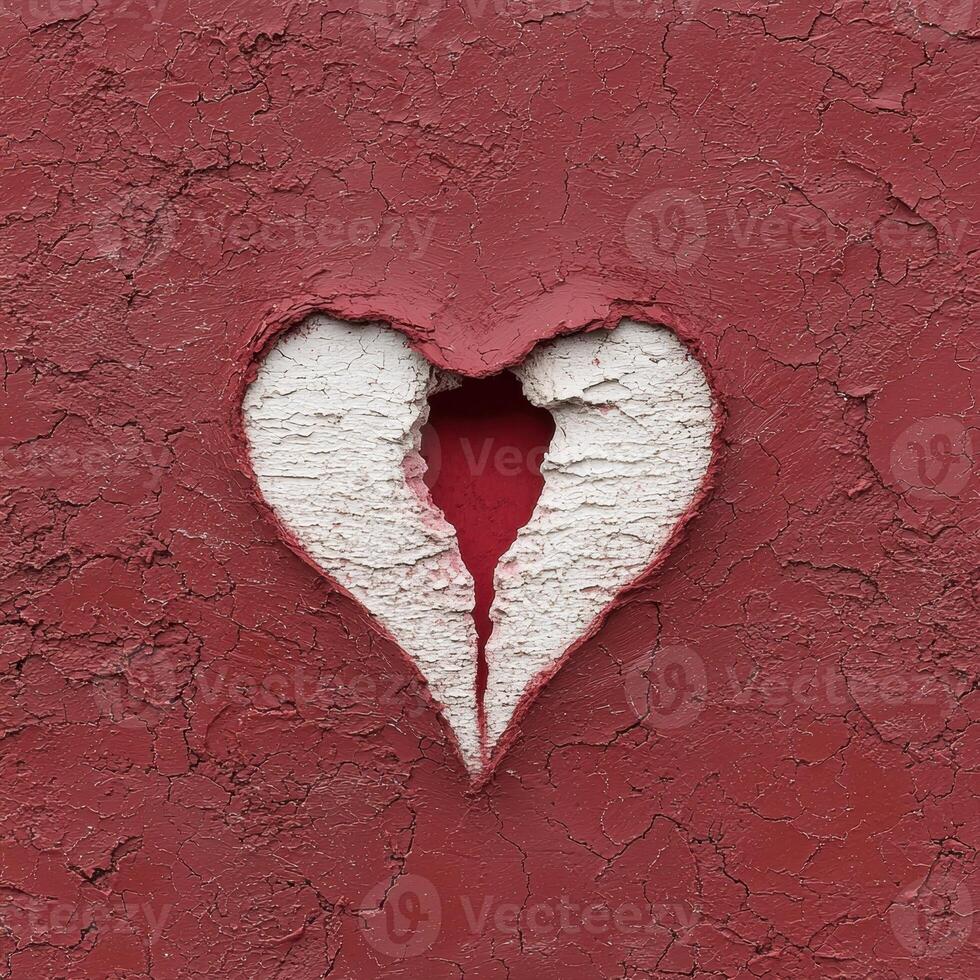 A cracked heart shape on a red textured background photo