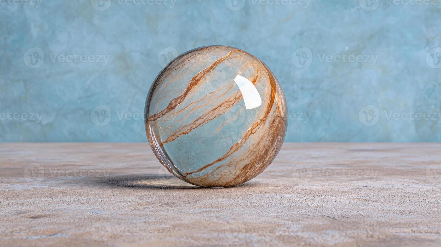 Marble sphere on a textured surface with a blue background photo