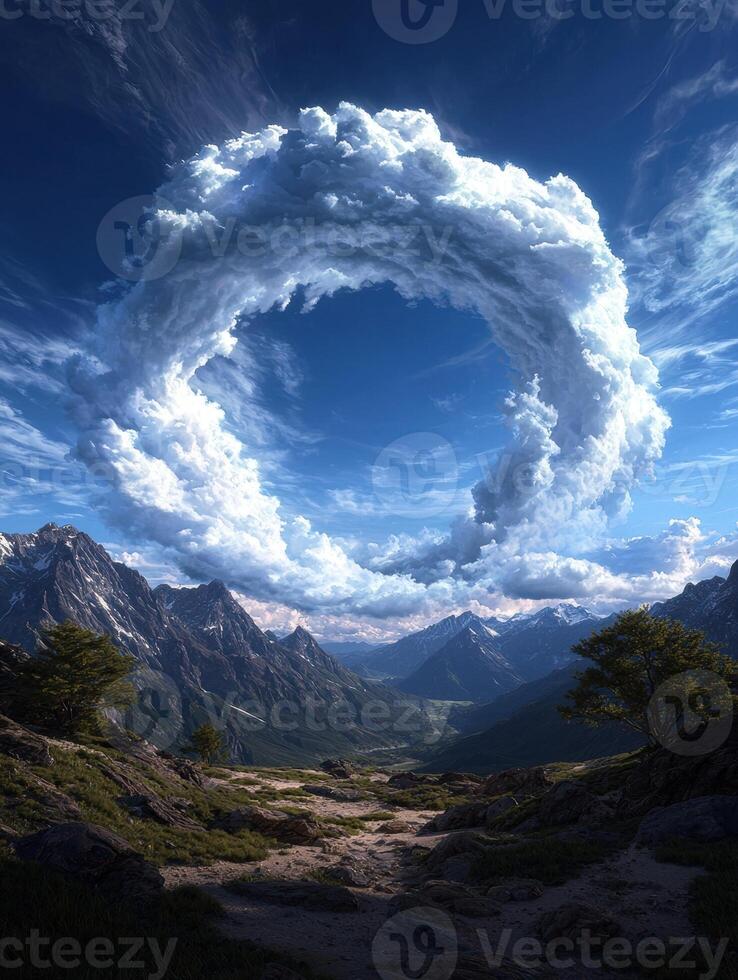 Dramatic mountain landscape with a circular cloud formation photo