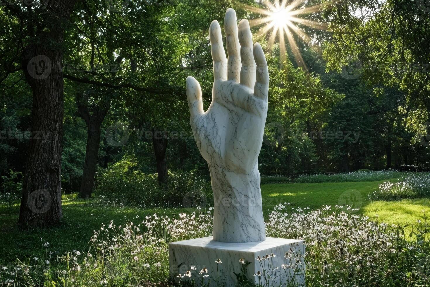 Marble hand sculpture in a garden with sunlight shining through the trees photo