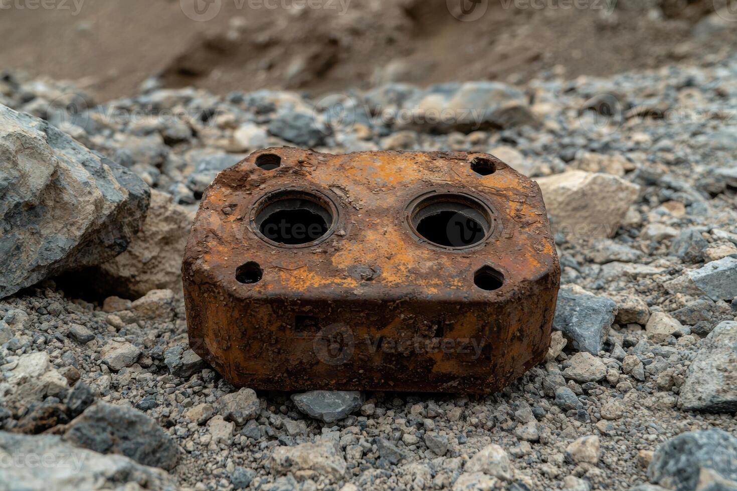 Rusty metal block with holes on gravel photo