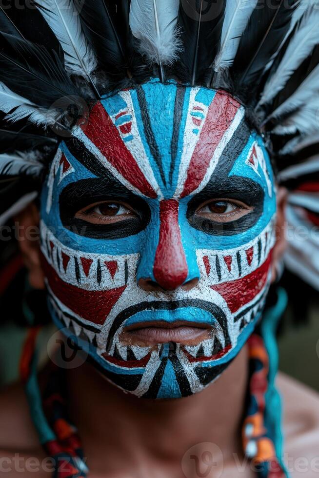 Person with colorful face paint and feathers photo
