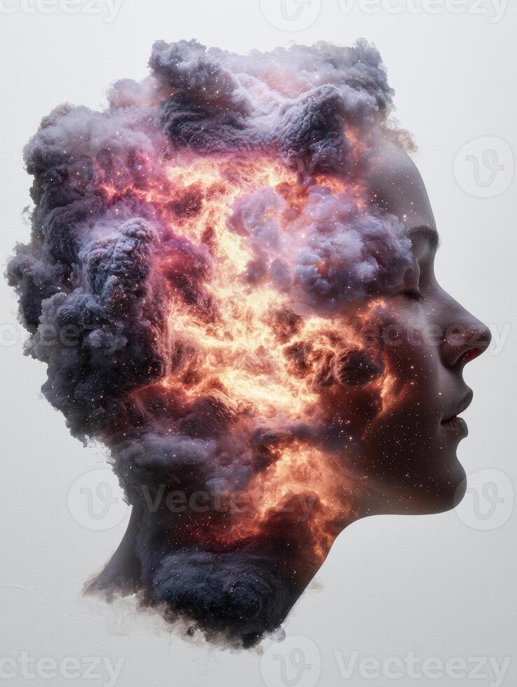 Conceptual image of a womans head filled with clouds and stars photo