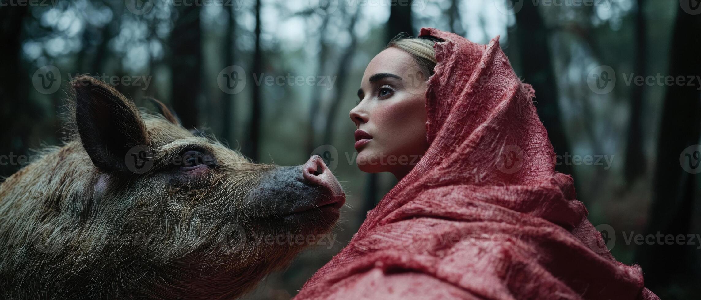 A woman in a red hood stands face to face with a wild boar in a forest photo