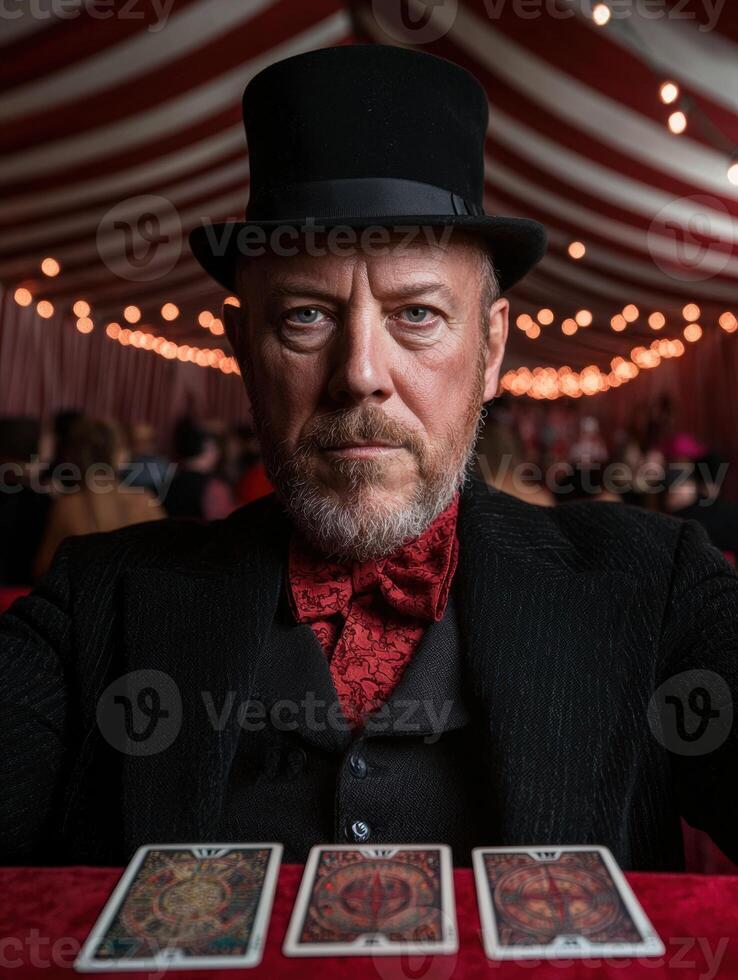 A fortune teller with tarot cards in a tent photo