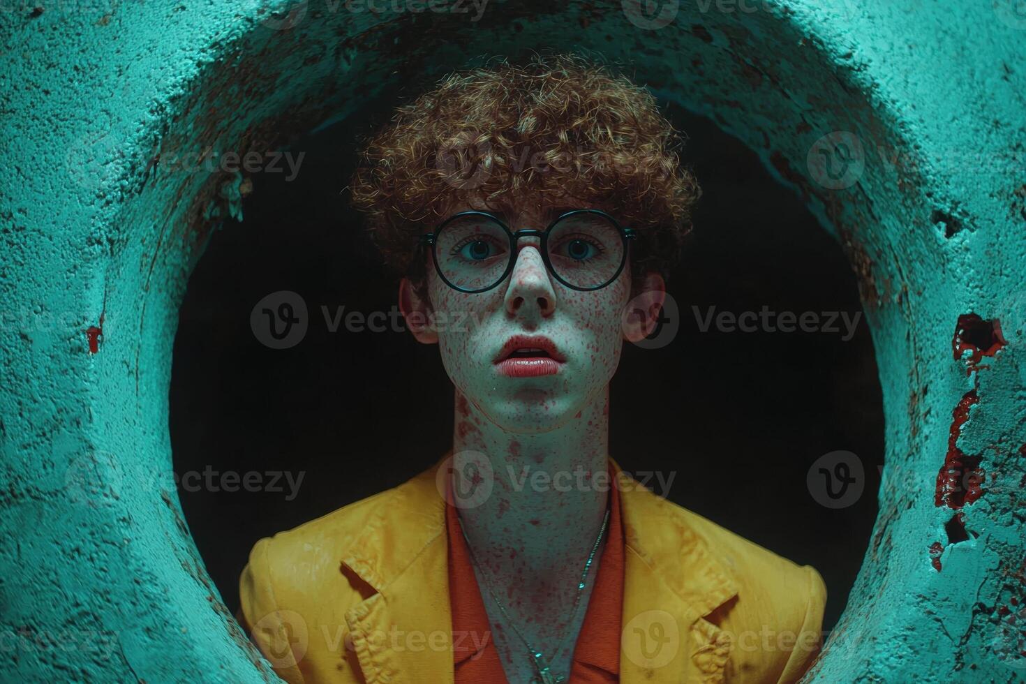 Portrait of a young man with freckles and glasses looking through a hole photo