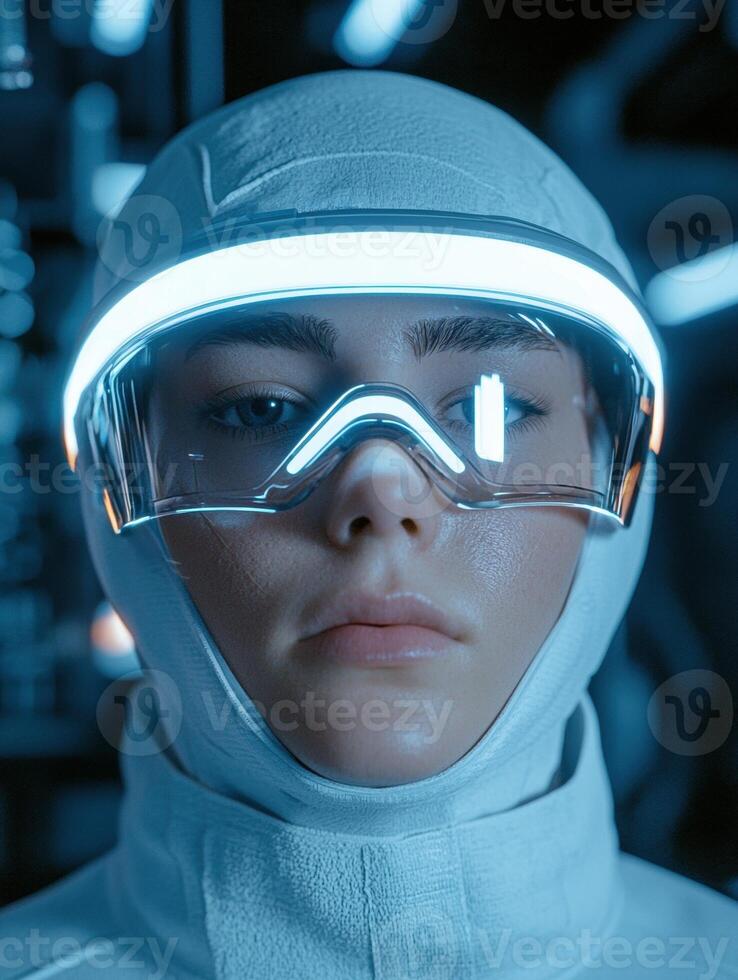 Futuristic woman wearing vr headset in a science lab photo