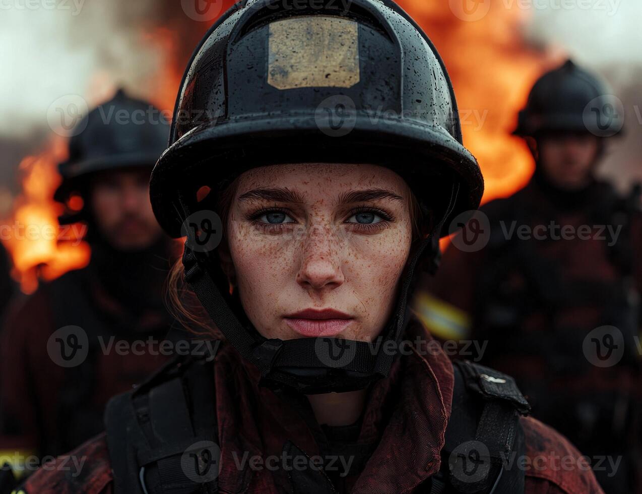 A determined firefighter stands ready in front of a fire photo