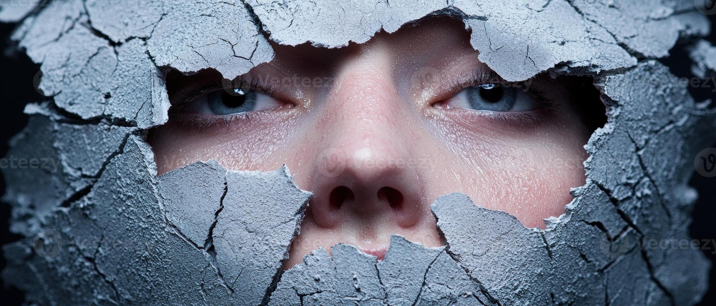 A womans face peers through a cracked surface photo