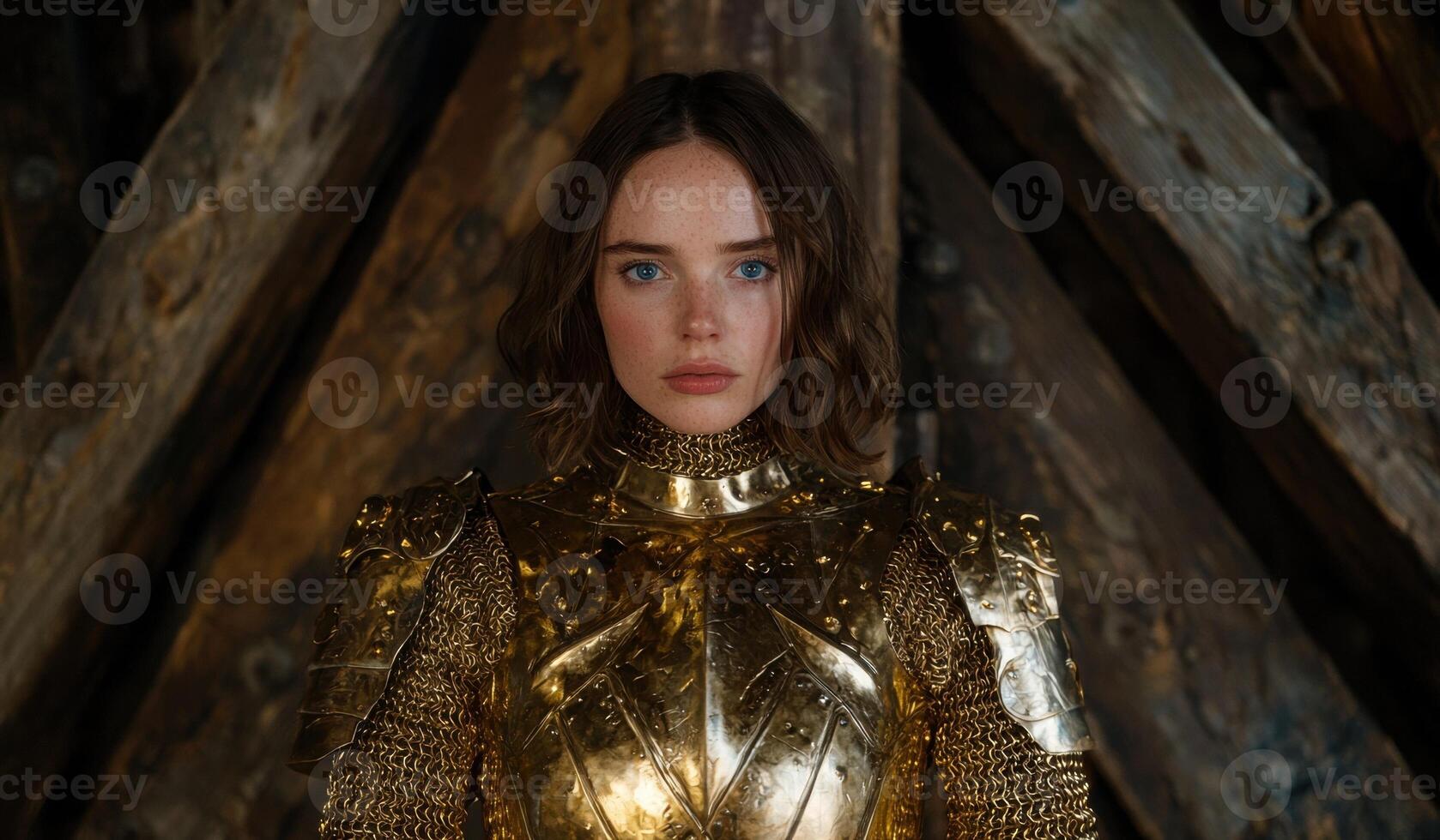 A woman in golden armor stands in front of a wooden structure photo