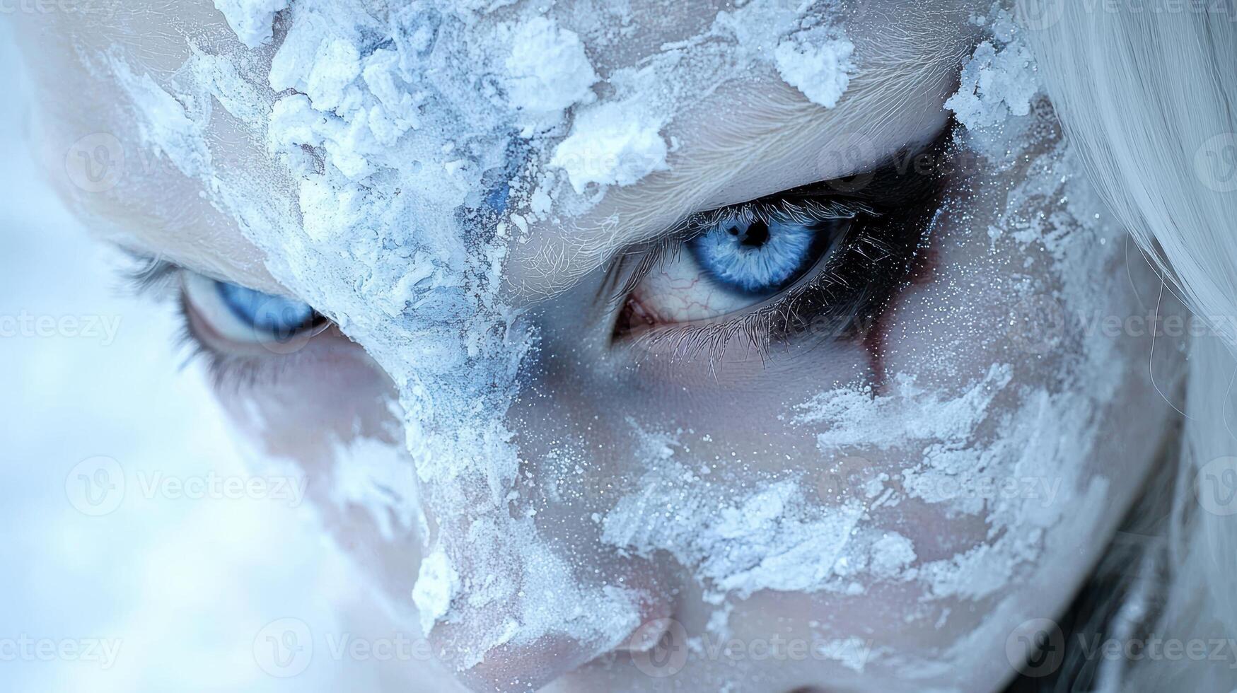 Close up of a womans face covered in snow and ice with piercing blue eyes photo