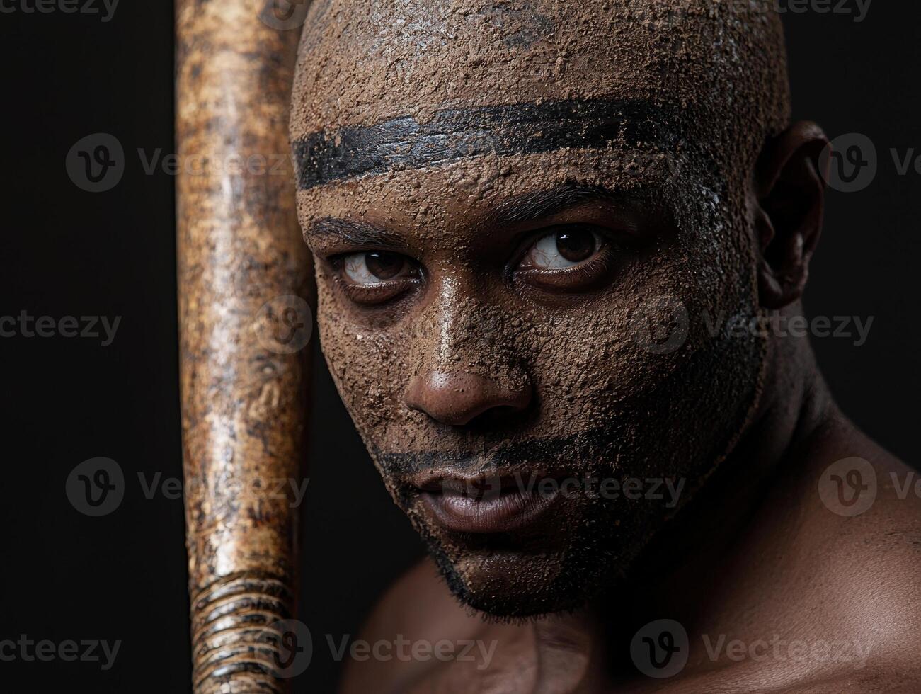 Intense portrait of a man with mud on his face holding a baseball bat photo