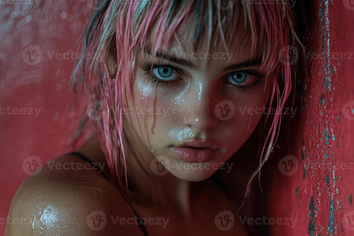 A wet woman with striking blue eyes looks intensely at the viewer photo
