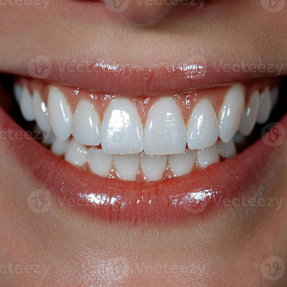 Close up of a perfect white smile with glossy lips. photo