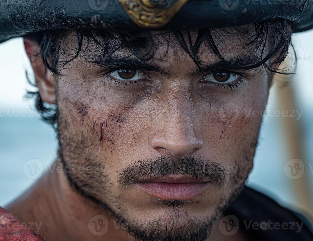 A handsome pirate with a weathered face stares intensely at the camera photo
