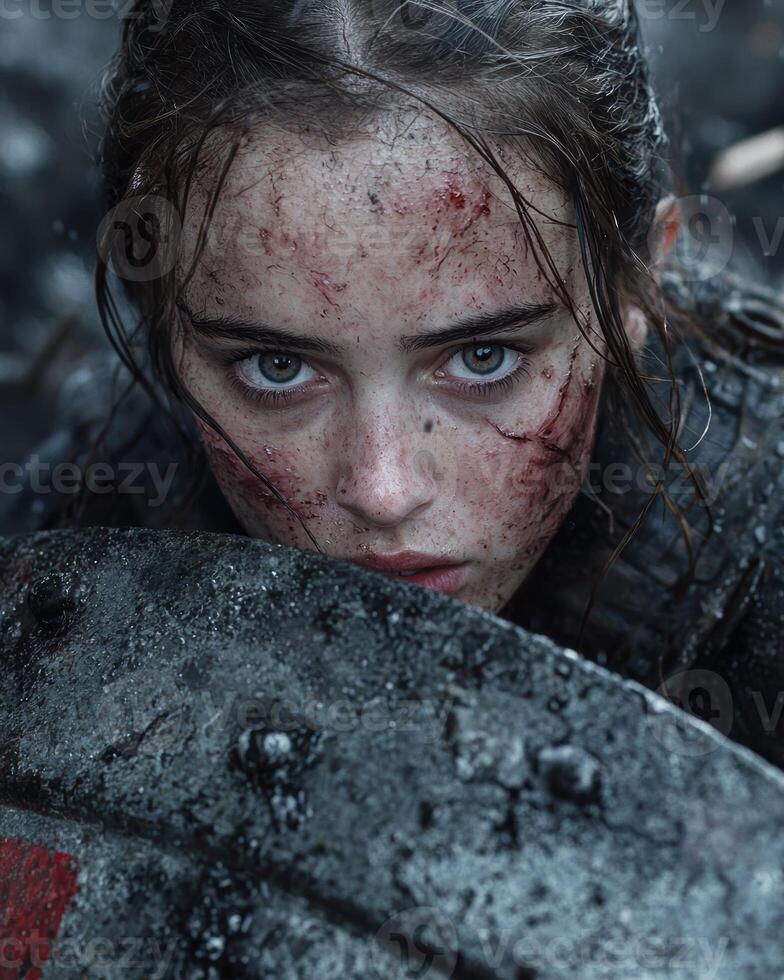 A young woman with a determined gaze, her face marked with battle scars photo