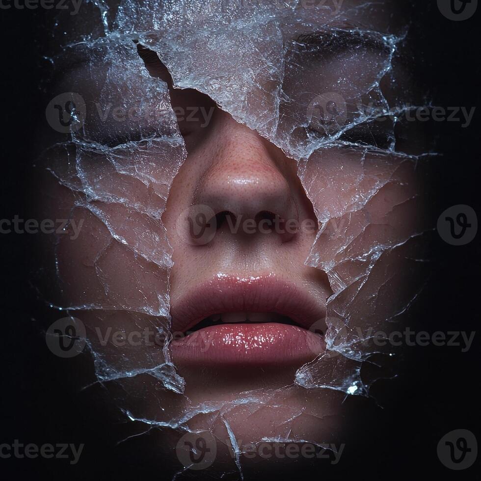 Face behind shattered glass, a conceptual image representing fragility and vulnerability photo