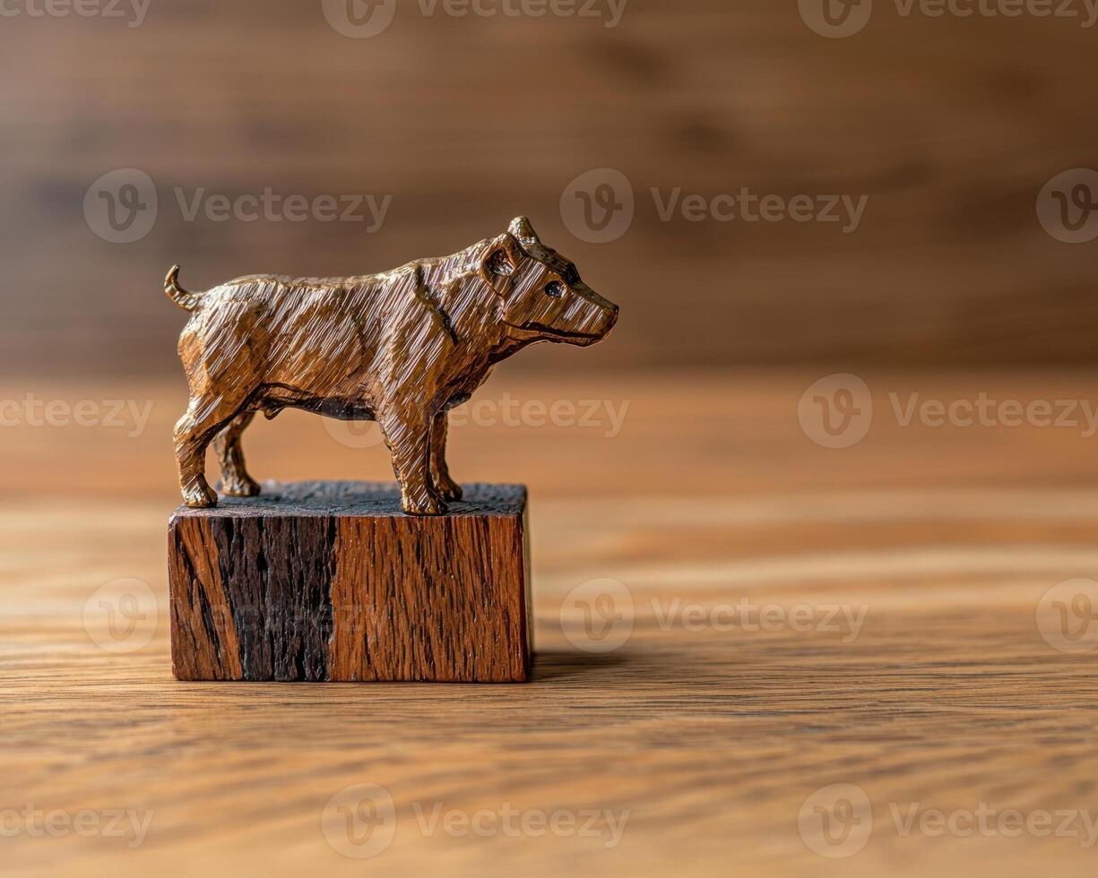 A bronze dog statue on a wooden block photo