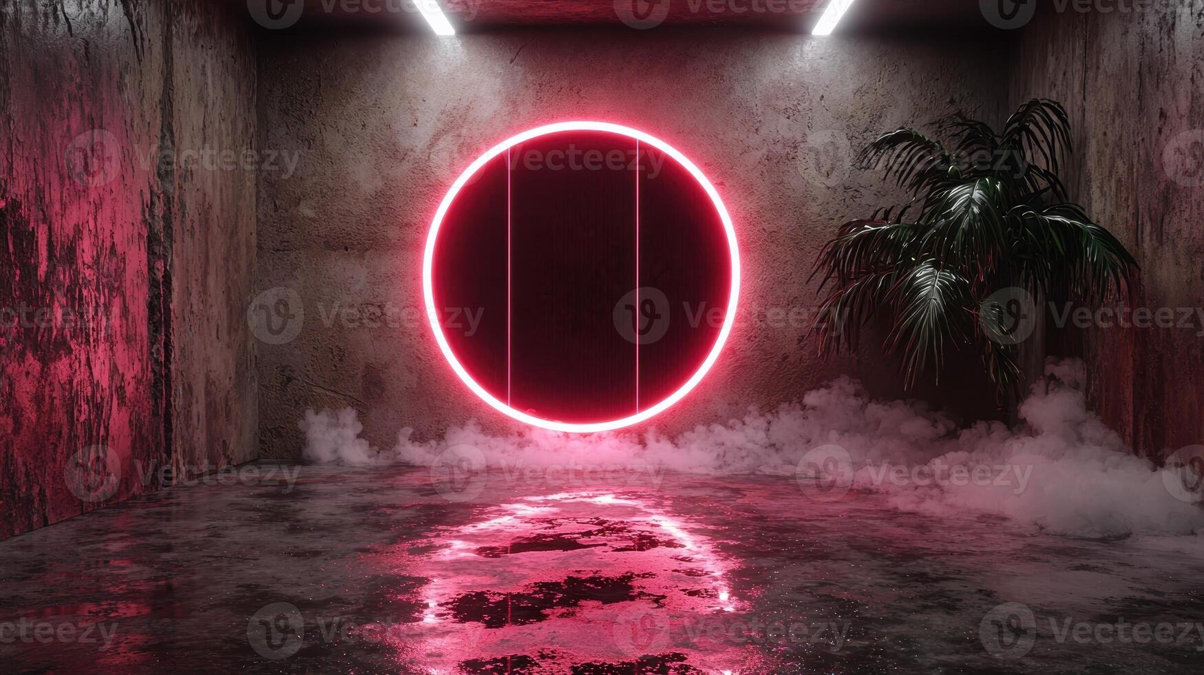Abstract neon circle in a dark room with smoke and a palm tree photo