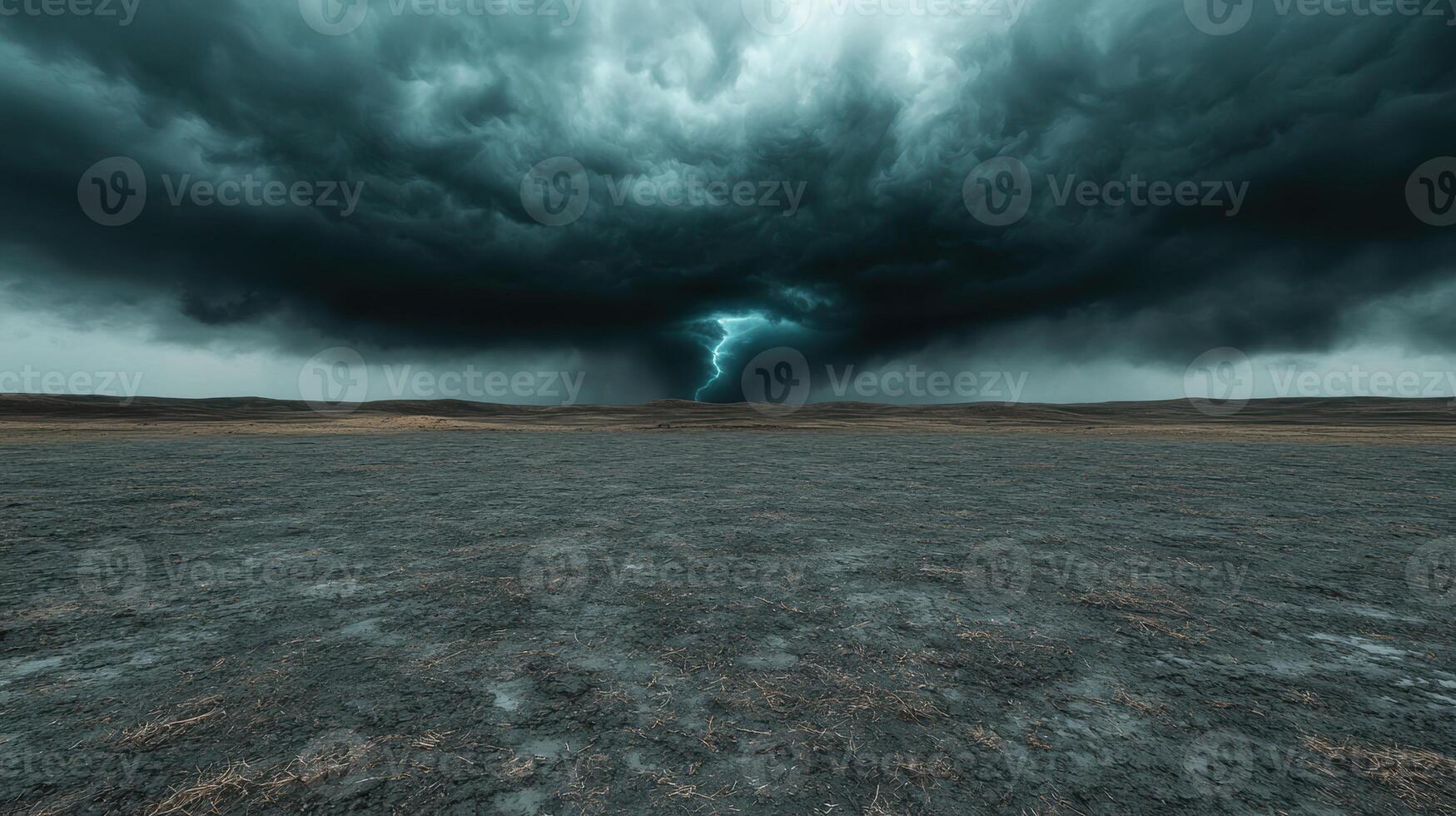 Dramatic lightning storm over a desolate landscape photo