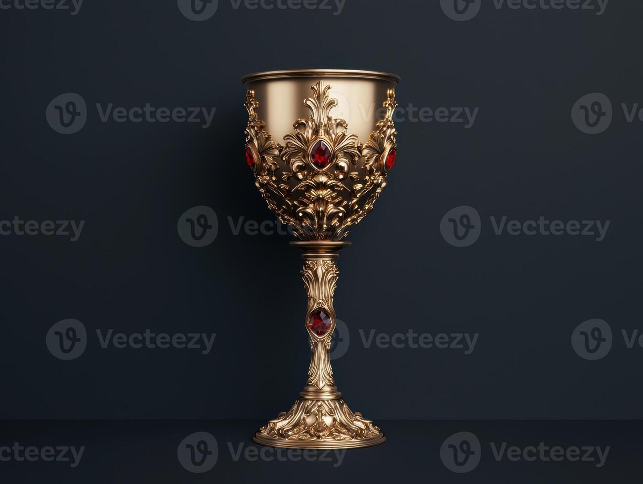 Ornate golden goblet with red gems on a dark background. photo