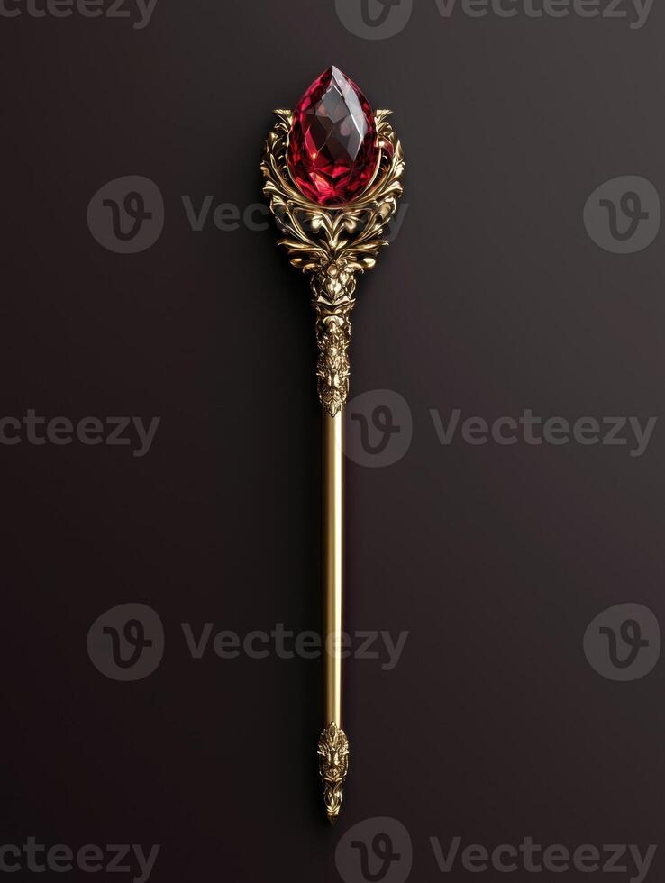 Ornate golden scepter with a large red ruby photo