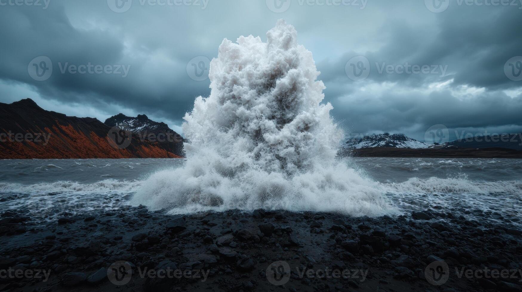 Dramatic water explosion on a rocky beach under a stormy sky photo