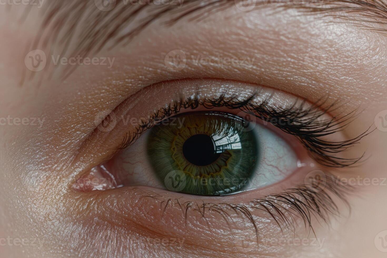 Close up of a green human eye with long eyelashes photo