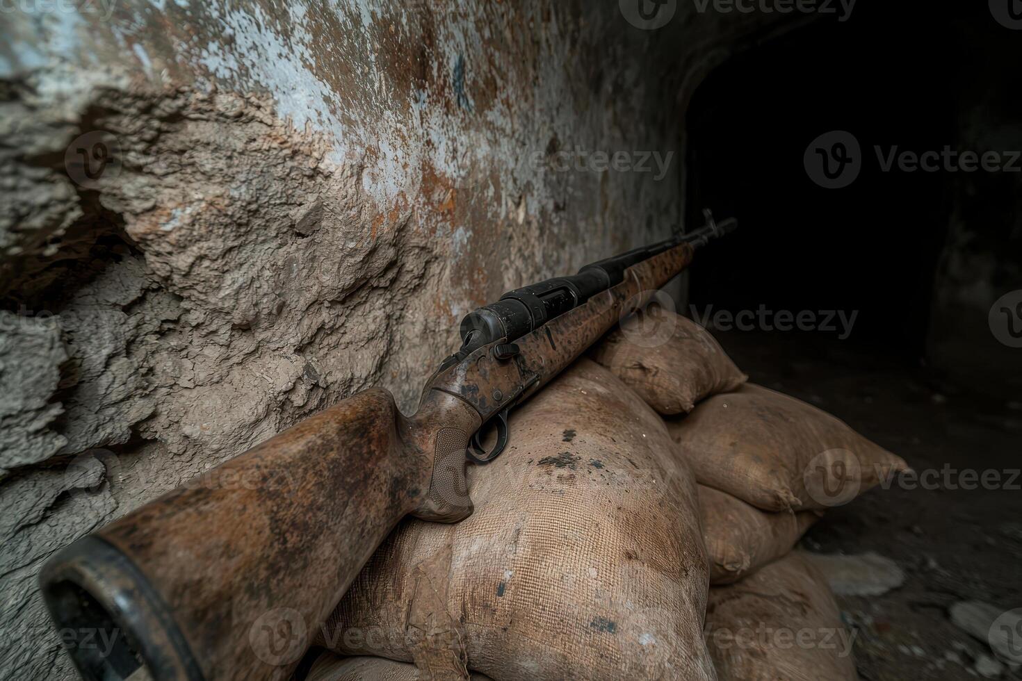 Rifle resting on sandbags in a dark tunnel photo