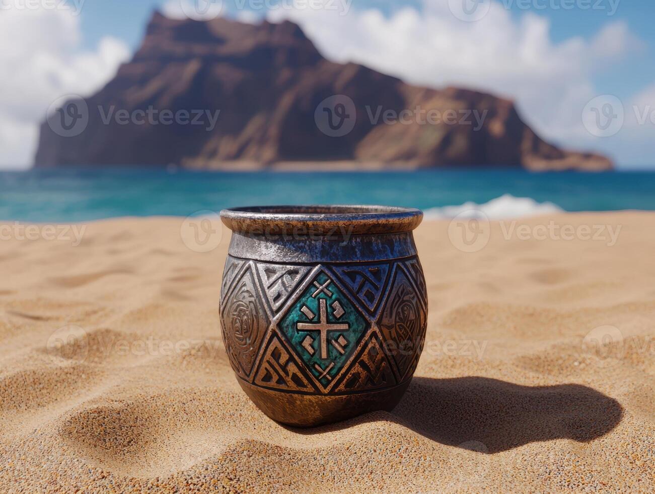 Ornate pot on a sandy beach with a mountain backdrop photo