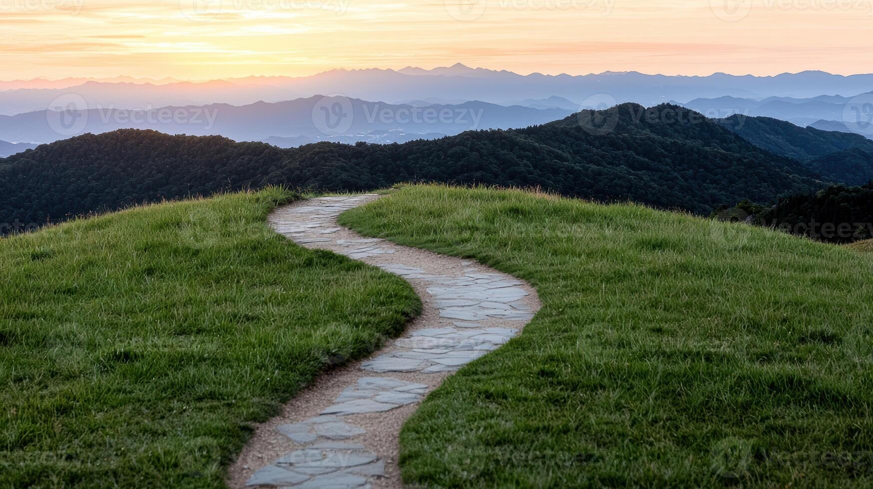 A winding stone path leads through a grassy hilltop at sunset photo
