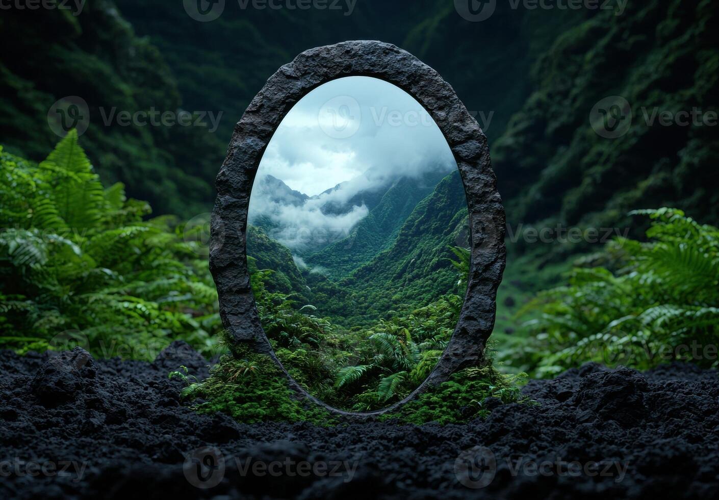 Stone portal to a lush green valley shrouded in mist photo